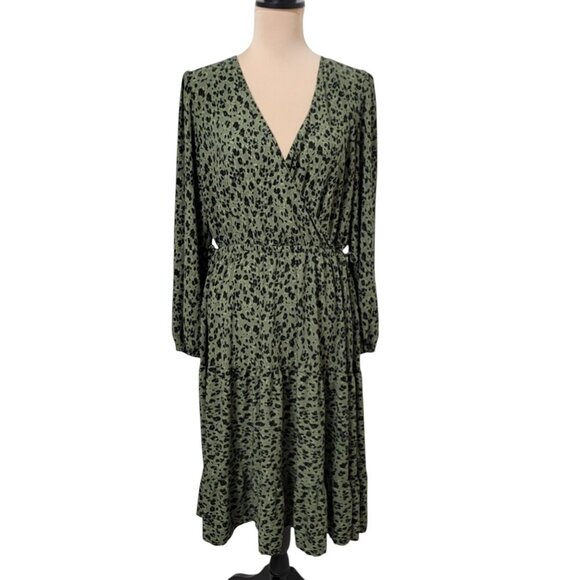 Time and Tru Size L Sea Turtle Leopard (Green and Black) Tiered Side Tie Dress - Picture 2 of 13